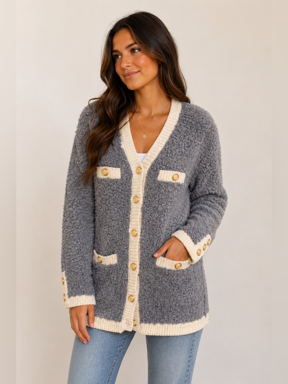 Rumia Australia Merino Wool Alpaca Teddy Cardigan Sweater Coat Gray Cream Size 6